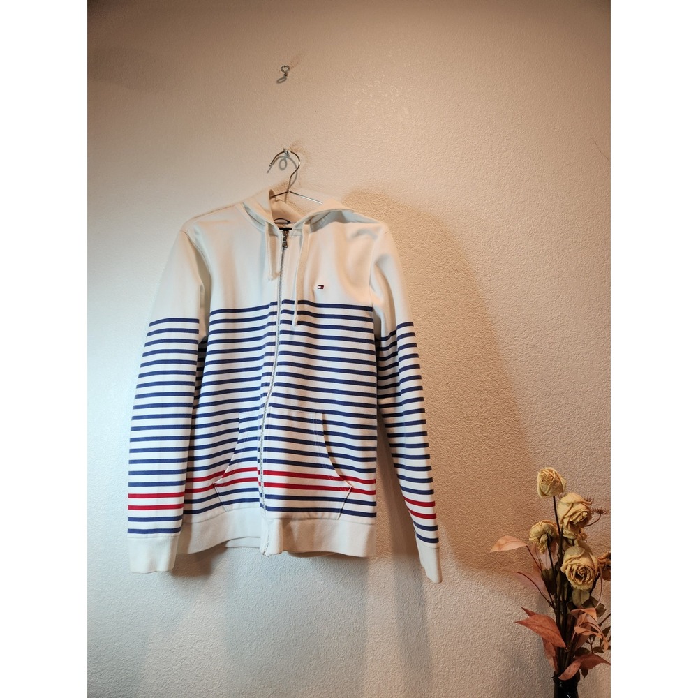 Tommy Hilfiger‎ Men's M Striped Full-Zip Hoodie Navy Red on White preppy classic